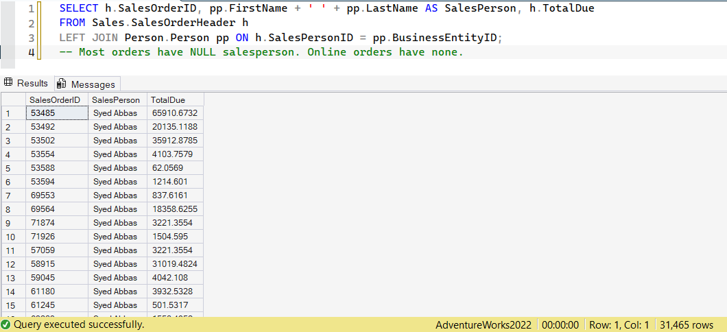 SSMS screenshot: query 23 and its result