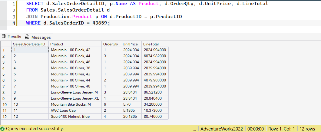 SSMS screenshot: query 25 and its result