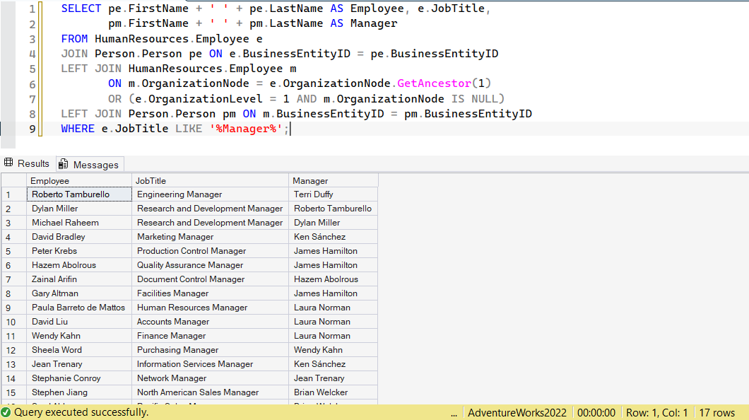 SSMS screenshot: query 27 and its result