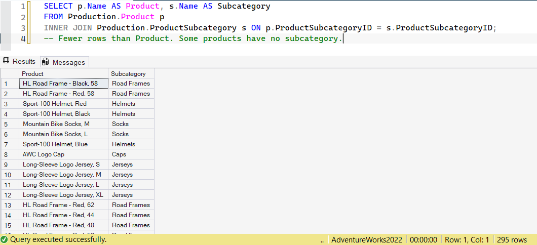 SSMS screenshot: query 3 and its result