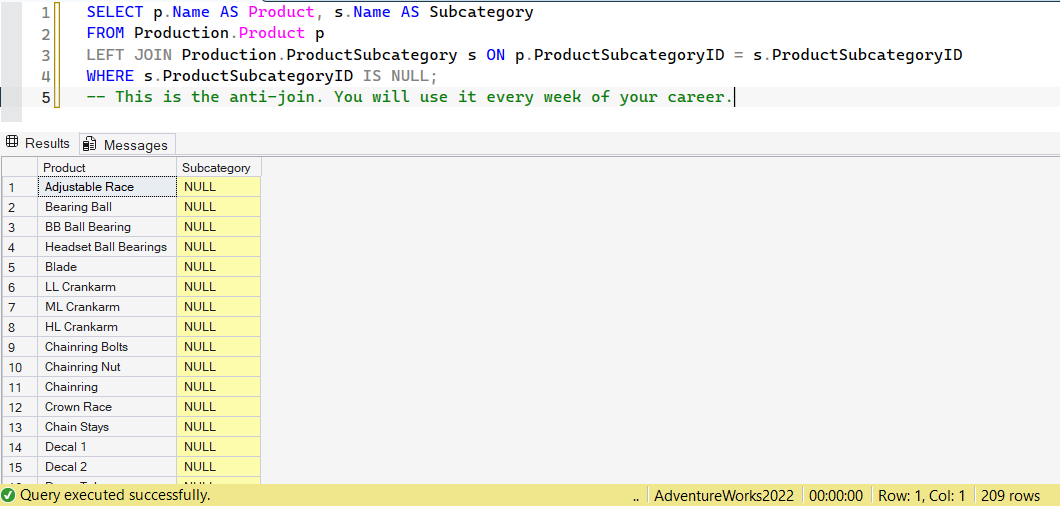 SSMS screenshot: query 4 and its result