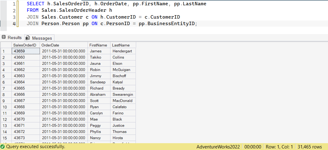 SSMS screenshot: query 6 and its result