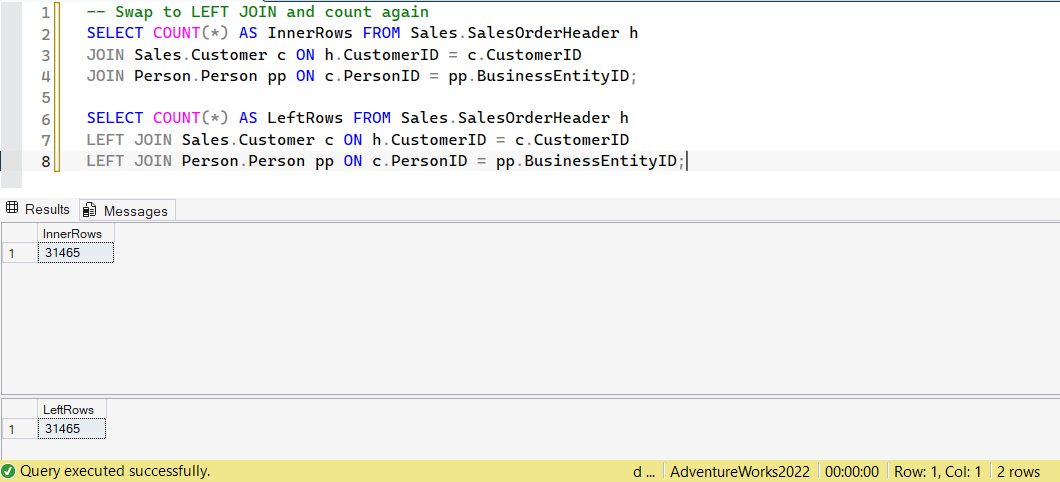 SSMS screenshot: query 7 and its result