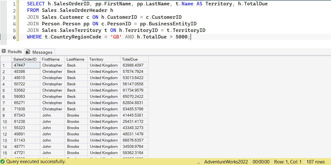 SSMS screenshot: query 8 and its result