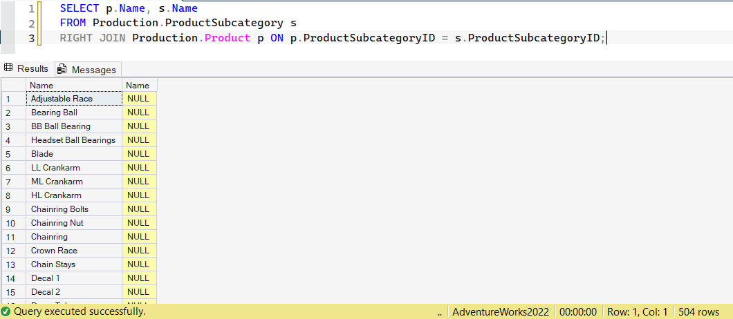 SSMS screenshot: query 9 and its result