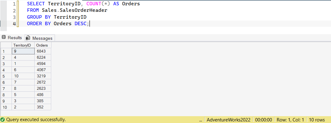 SSMS screenshot: query 1 and its result