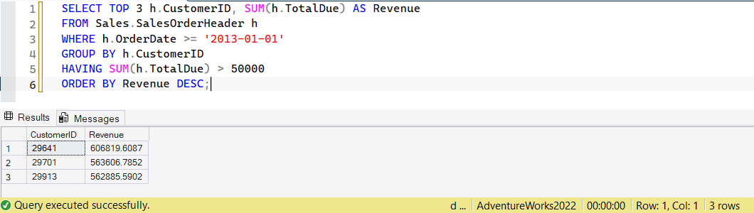 SSMS screenshot: query 10 and its result