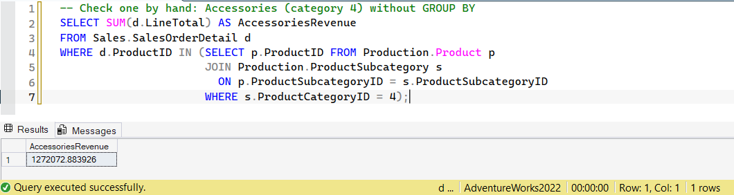 SSMS screenshot: query 12 and its result