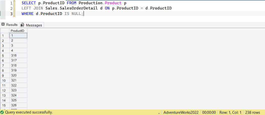 SSMS screenshot: query 13 and its result