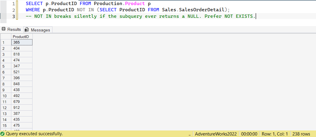 SSMS screenshot: query 15 and its result