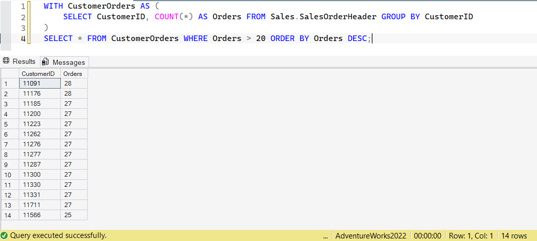 SSMS screenshot: query 18 and its result