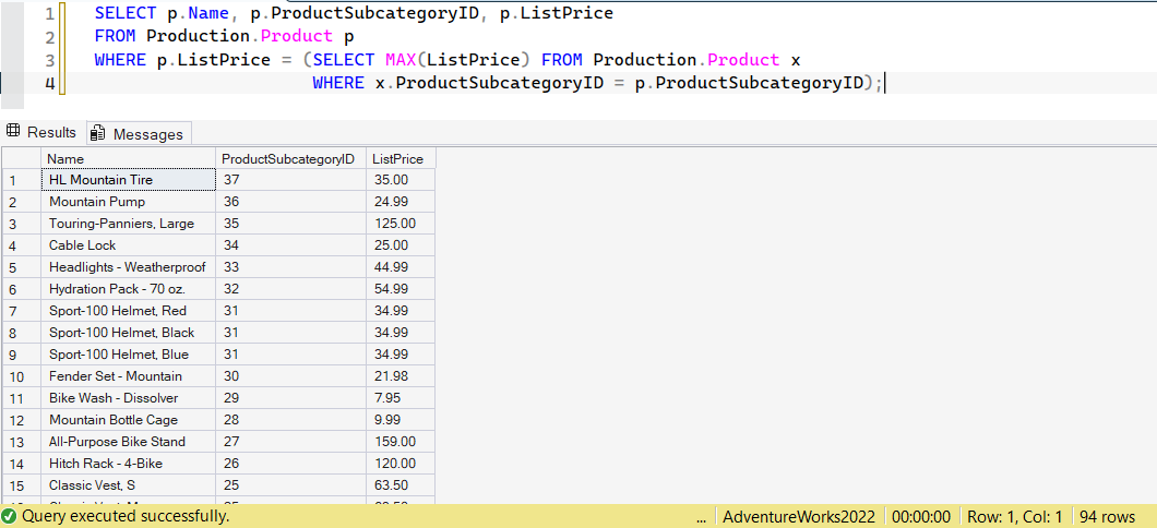 SSMS screenshot: query 19 and its result