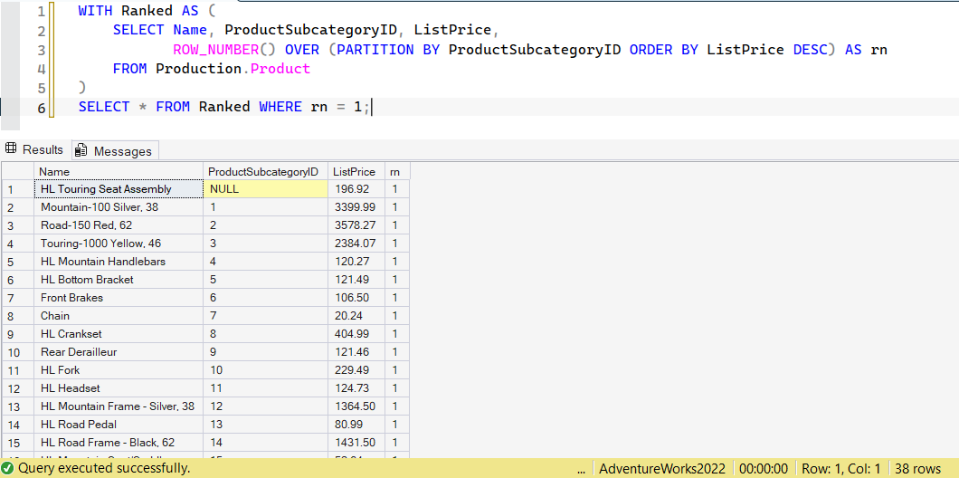 SSMS screenshot: query 20 and its result