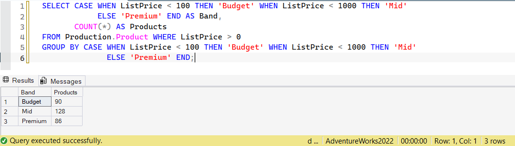 SSMS screenshot: query 21 and its result