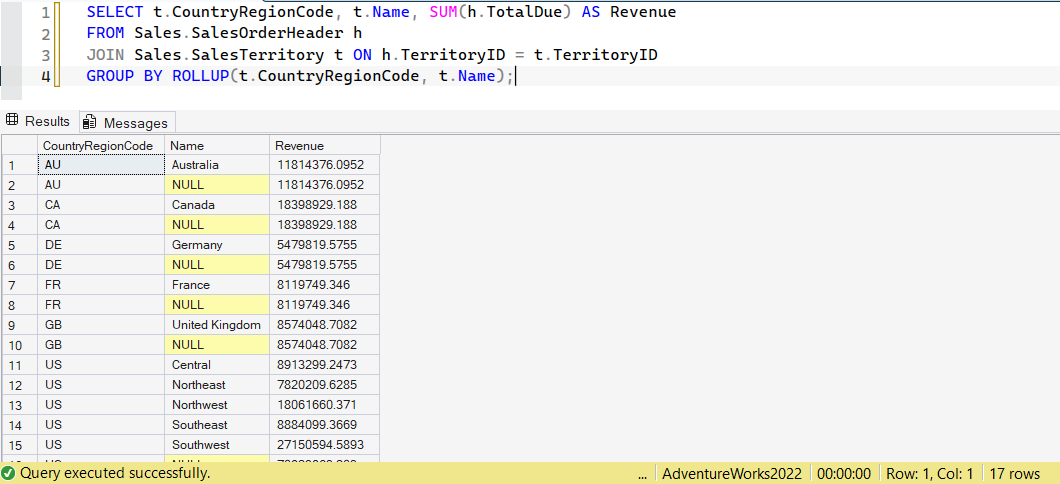 SSMS screenshot: query 23 and its result