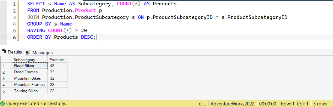 SSMS screenshot: query 25 and its result