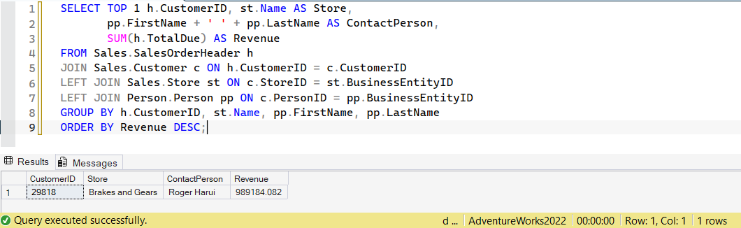 SSMS screenshot: query 26 and its result