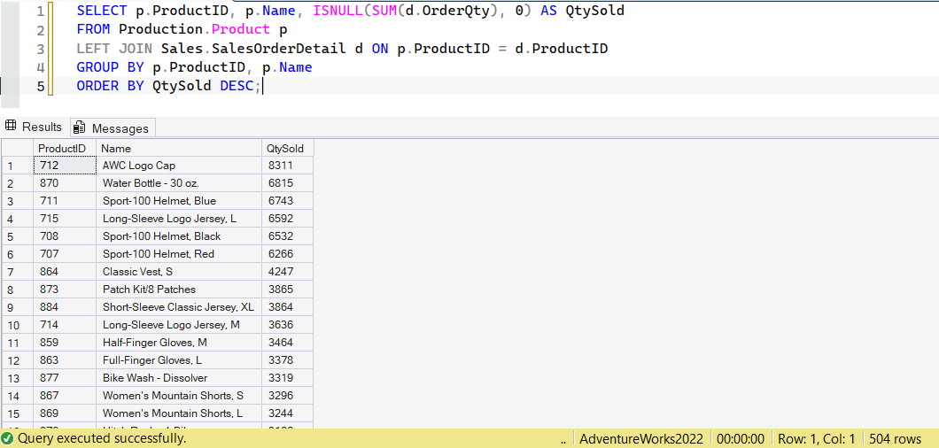 SSMS screenshot: query 29 and its result