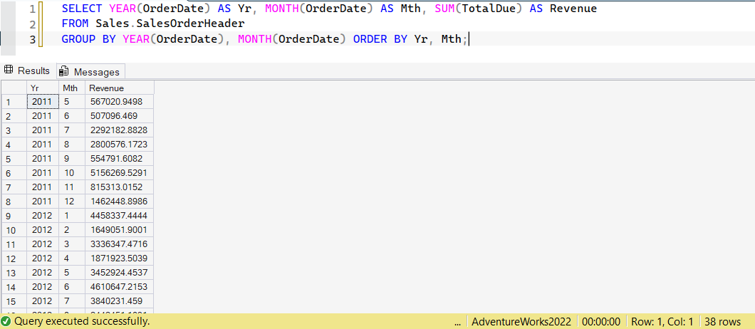 SSMS screenshot: query 4 and its result