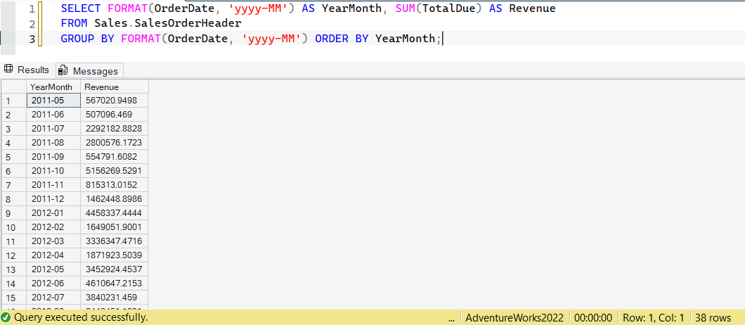 SSMS screenshot: query 5 and its result