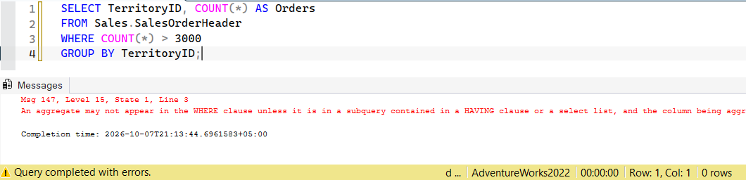 SSMS screenshot: query 6 and its result