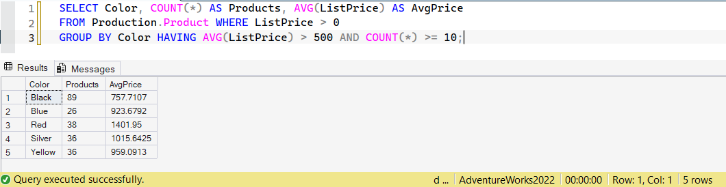 SSMS screenshot: query 8 and its result