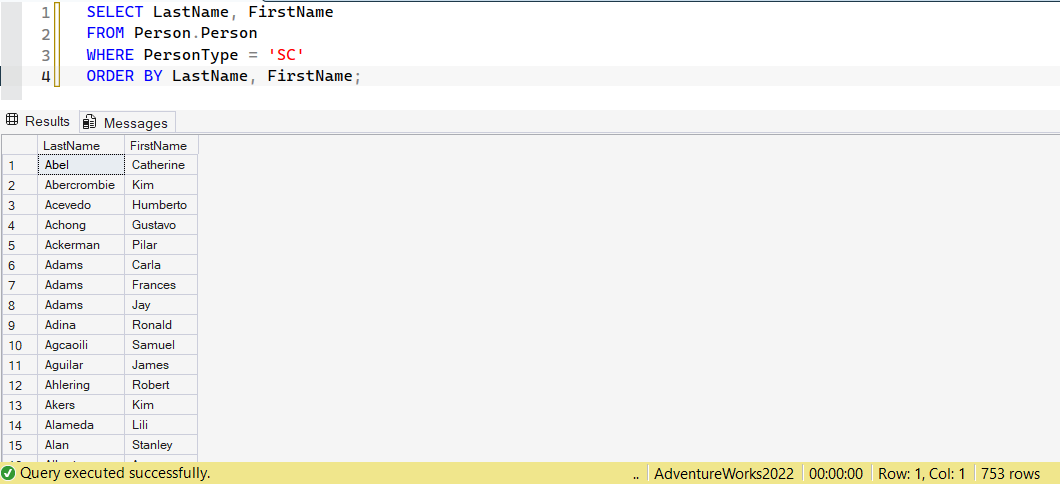 SSMS screenshot: query 1 and its result