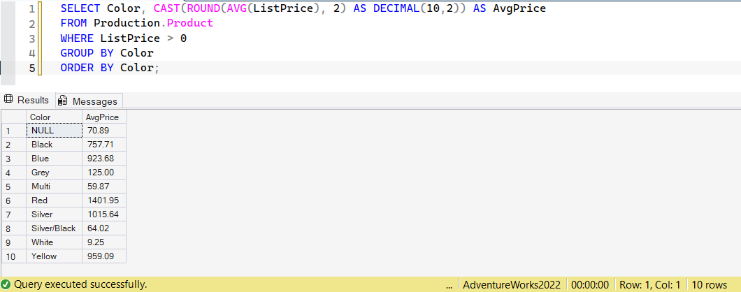 SSMS screenshot: query 10 and its result