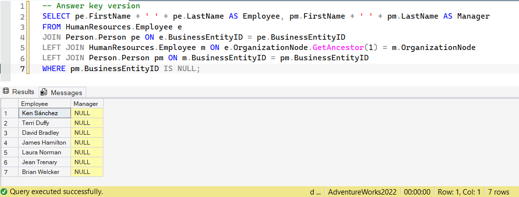 SSMS screenshot: query 15 and its result