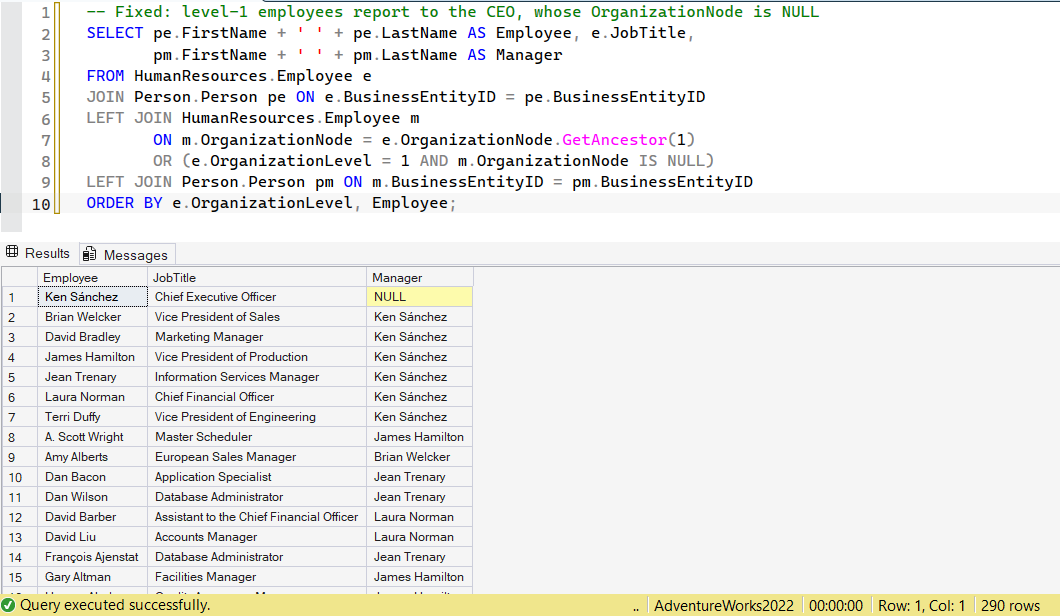 SSMS screenshot: query 16 and its result