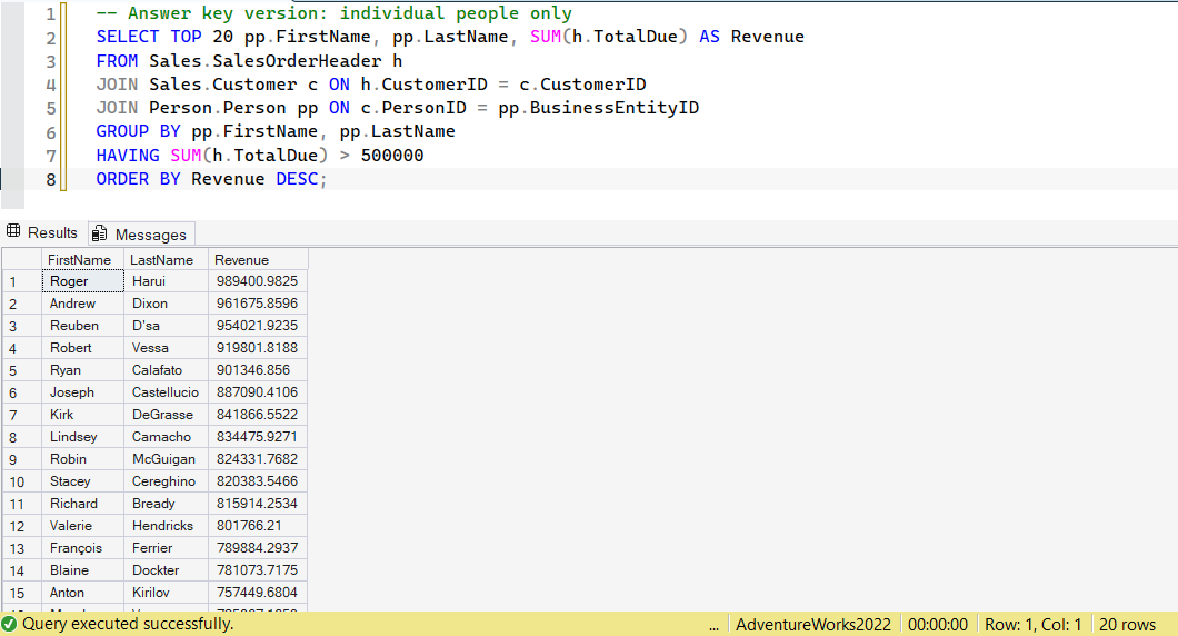 SSMS screenshot: query 18 and its result