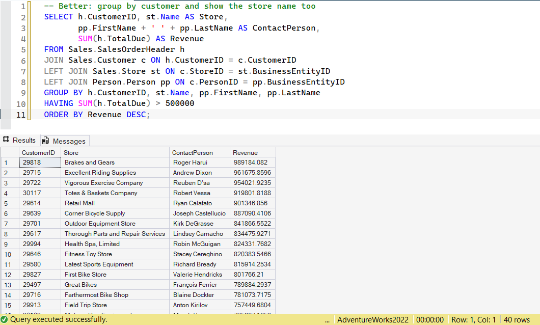SSMS screenshot: query 19 and its result