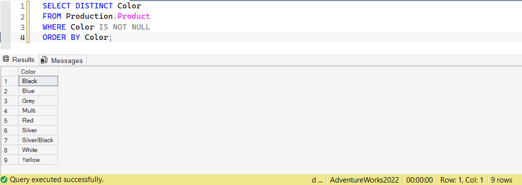 SSMS screenshot: query 2 and its result