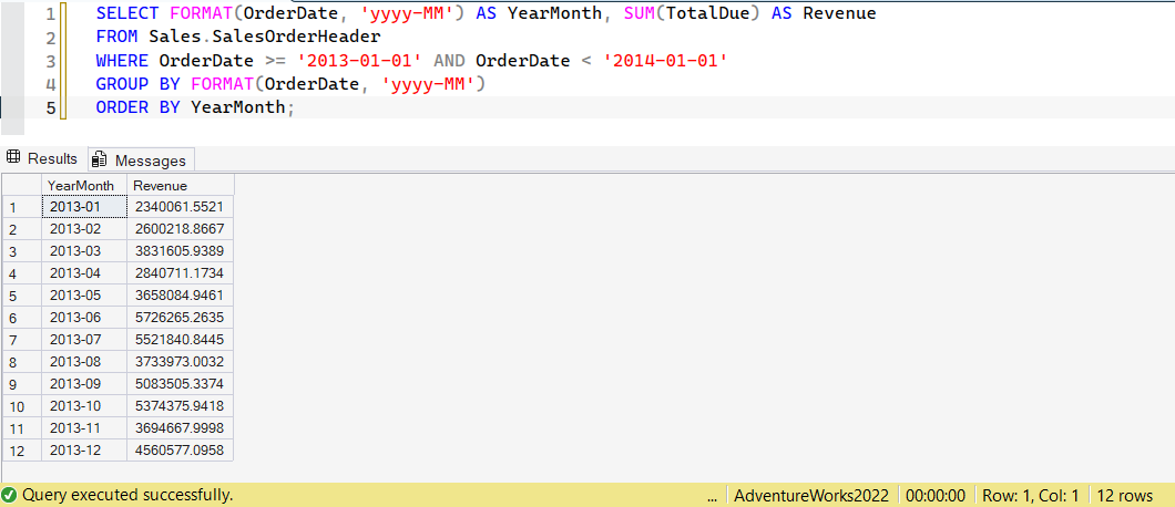 SSMS screenshot: query 20 and its result