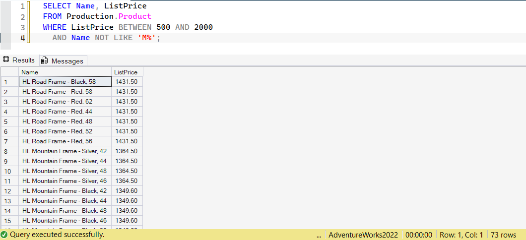 SSMS screenshot: query 3 and its result