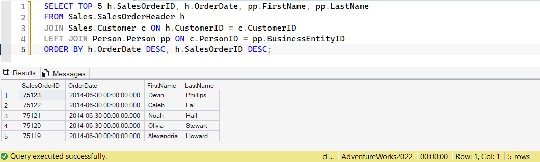 SSMS screenshot: query 5 and its result
