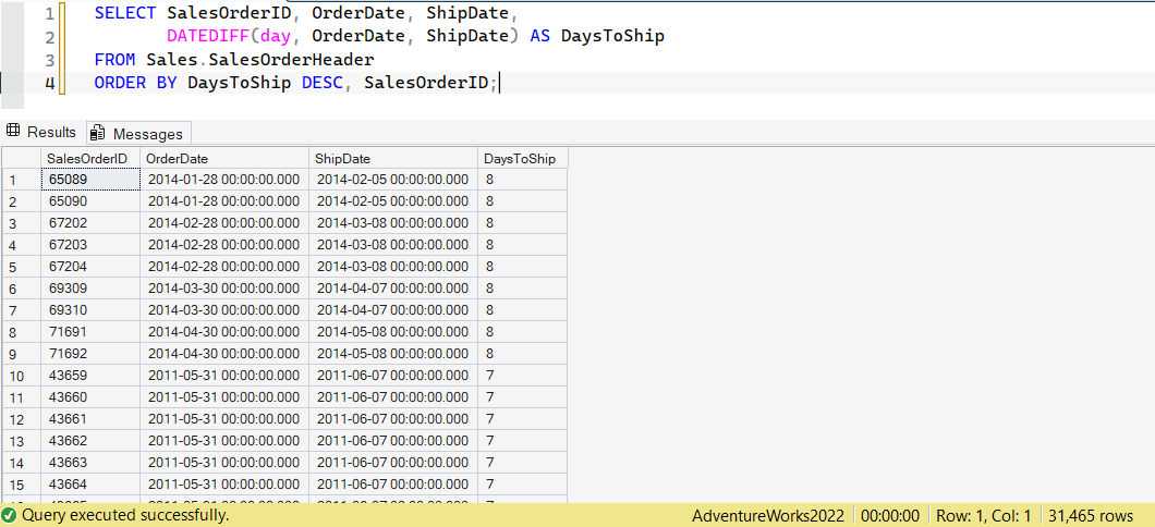 SSMS screenshot: query 8 and its result