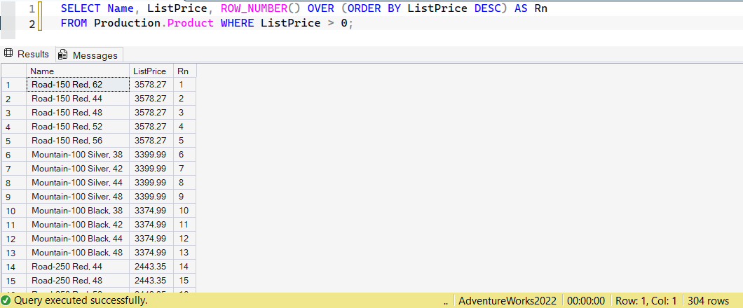 SSMS screenshot: query 1 and its result