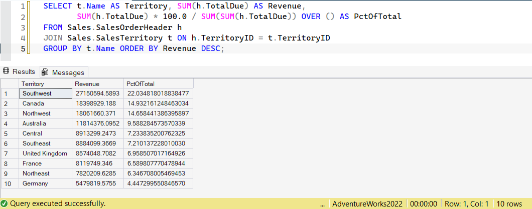 SSMS screenshot: query 10 and its result