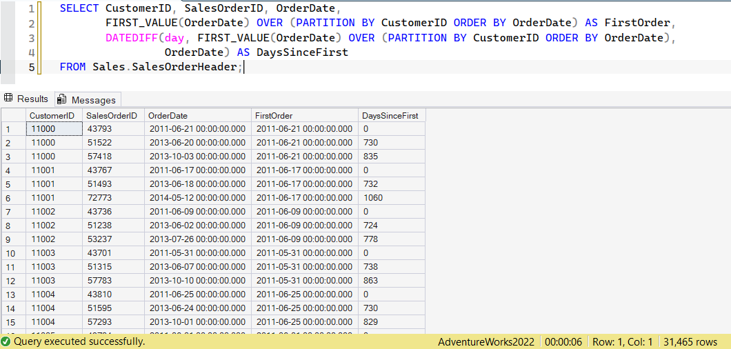 SSMS screenshot: query 12 and its result