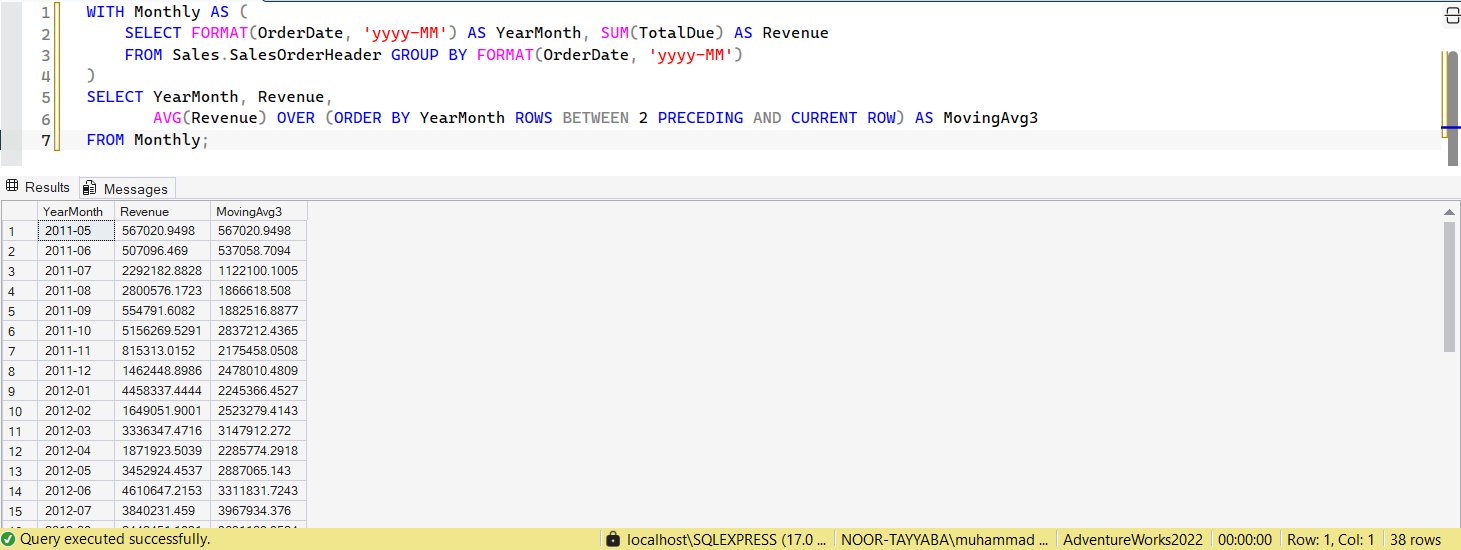 SSMS screenshot: query 13 and its result