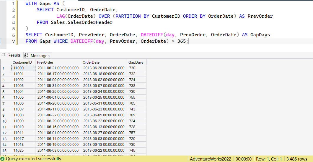 SSMS screenshot: query 15 and its result