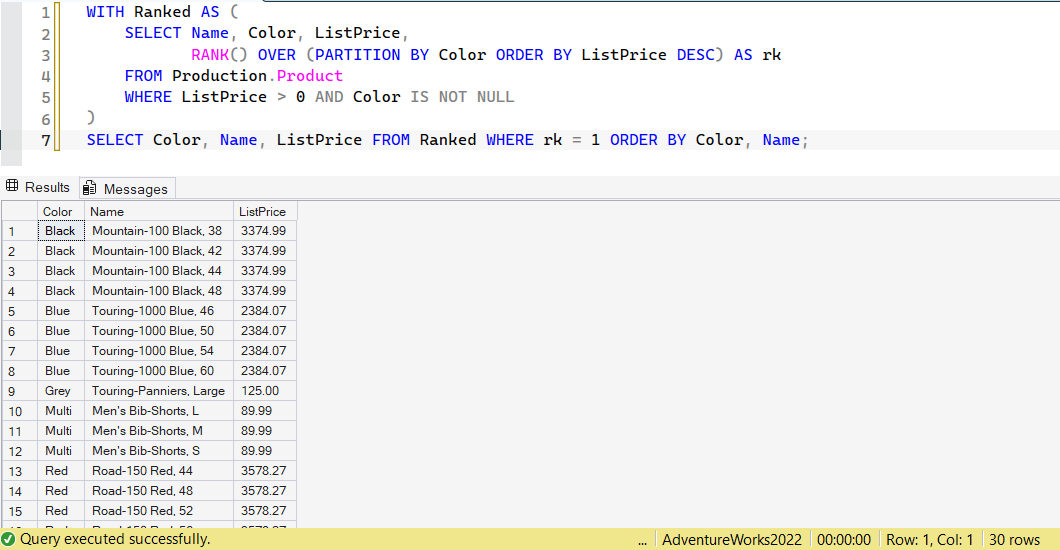 SSMS screenshot: query 18 and its result