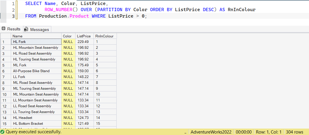 SSMS screenshot: query 2 and its result
