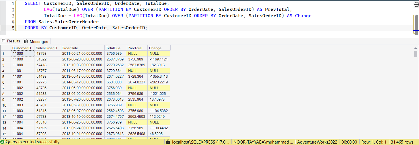 SSMS screenshot: query 20 and its result