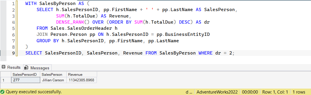 SSMS screenshot: query 21 and its result