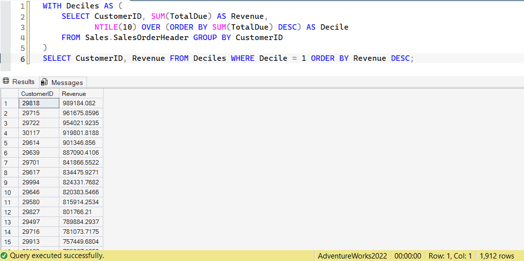 SSMS screenshot: query 22 and its result