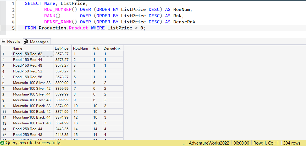 SSMS screenshot: query 3 and its result