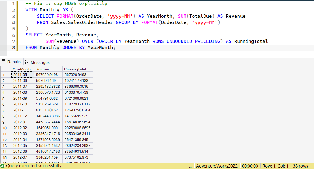 SSMS screenshot: query 6 and its result