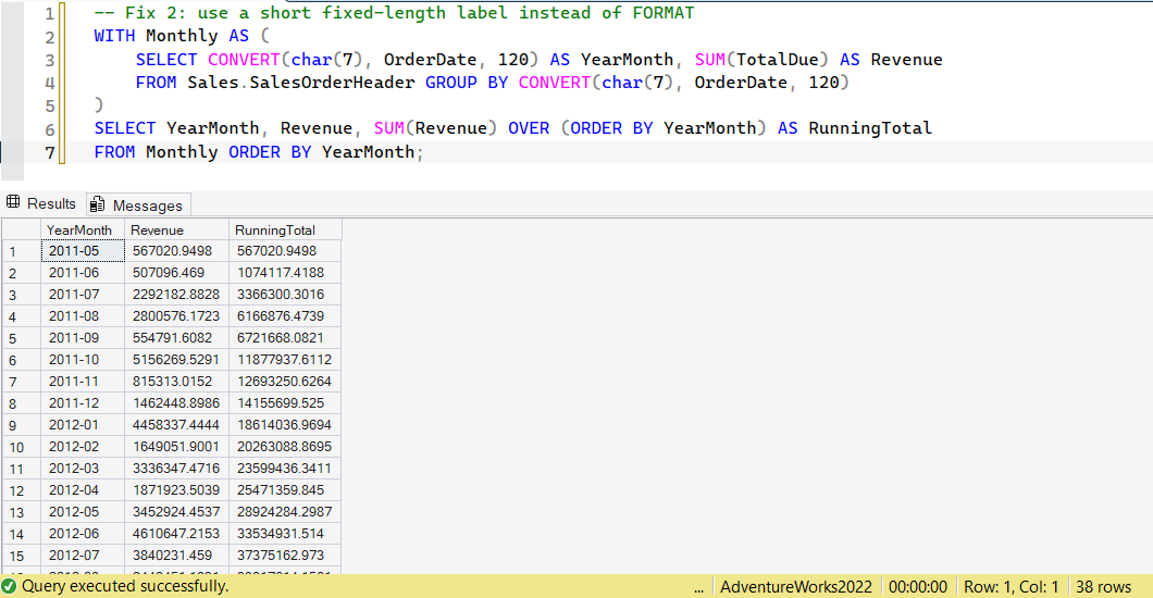SSMS screenshot: query 7 and its result